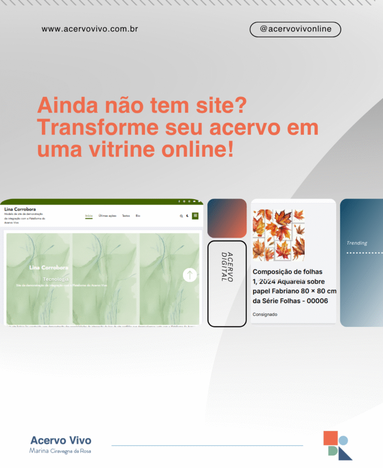 Já possui um site? Ele está atualizado? Potencialize-o com a nossa integração! Se você já tem um site e deseja sincronizá-lo com a Plataforma do Acervo Vivo, oferecemos a integração perfeita para manter seu portfólio sempre atualizado. Detalhes: Assinatura da Plataform