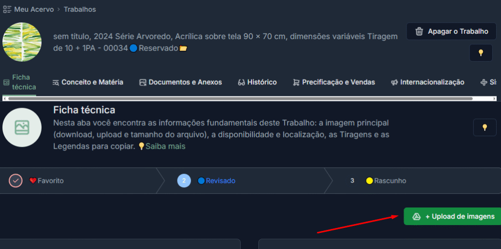 Botão verde '+ Upload de imagens' na tela 'Ficha técnica' do Trabalho.