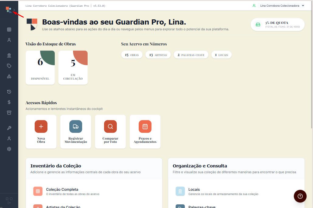 Tela com principais botões de acesso à Plataforma do Acervo Vivo Guardian