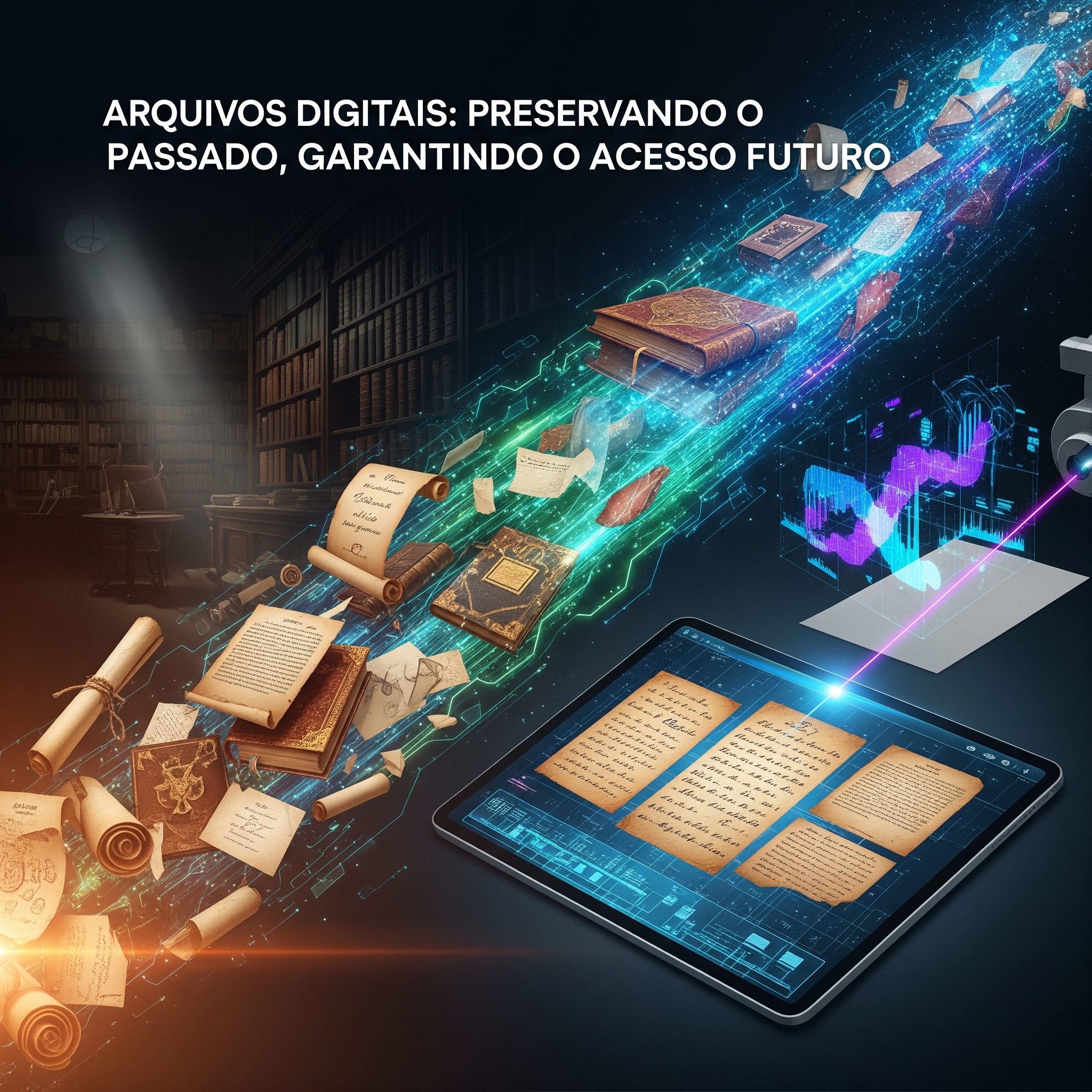 Imagem de capa do artigo sobre acervos digitais, mostrando documentos históricos sendo digitalizados em uma interface futurista.