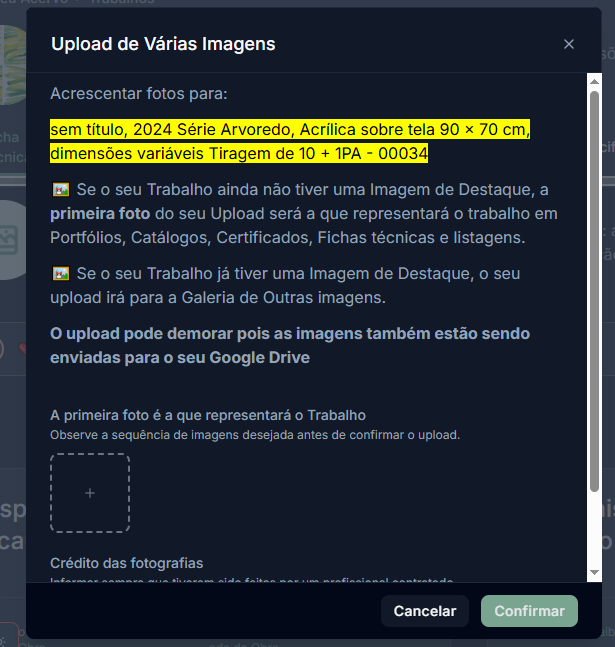 Modal 'Upload de Várias Imagens' explicando que a primeira foto será a Imagem de Destaque.