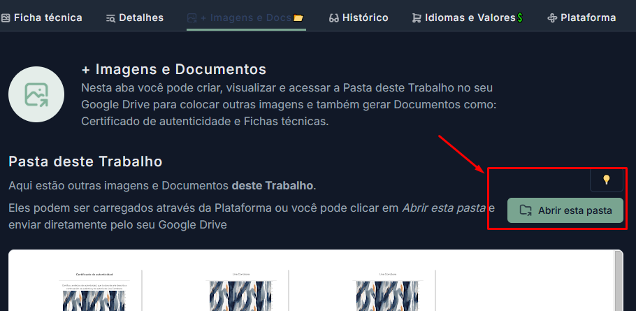 Imagem da Aba "+ Imagens e Docs" destacando o botão "Abrir esta Pasta"