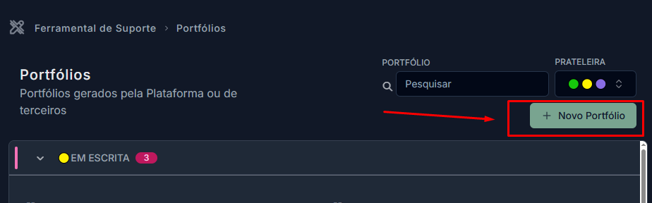 Imagem da Página "Portfólios" destacando o botão + Novo Portfólio ou Catálogo
