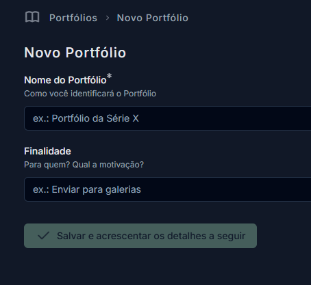 Imagem da tela inicial de criação com os campos "Identificação do Projeto" e "Finalidade"