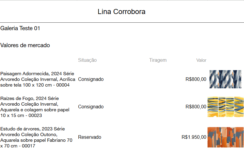 imagem de exemplo de um trecho de uma Lista de Preços gerada, mostrando o formato de linhas/tabela