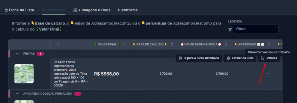 Imagem mostrando a interface do botão "Valores" na Lista de Preços, com os campos da Aba "Valores" da Ficha Detalhada aparecendo para edição rápida