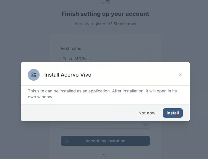Imagem da mensagem de "Install app" / "Adicionar à tela inicial" que aparece durante o primeiro login
