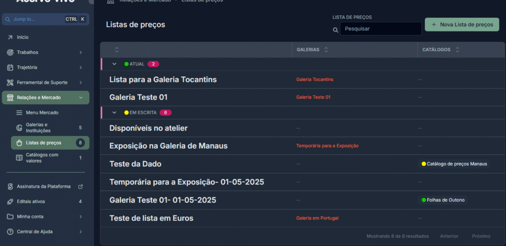 Imagem da interface mostrando o Menu "Mercado" e a Página "Listas de Preços" destacada
