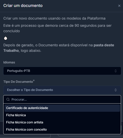 Imagem da Aba "+ Imagens e Docs" destacando o botão "Gerar Documento" e, idealmente, a janela/menu com as opções de documentos que surgem