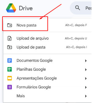 Imagem do menu mostrando a opção "Nova pasta"