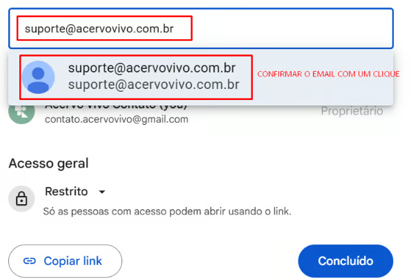 Imagem da janela de compartilhamento, com uma seta apontando para o campo onde se digita o e-mail