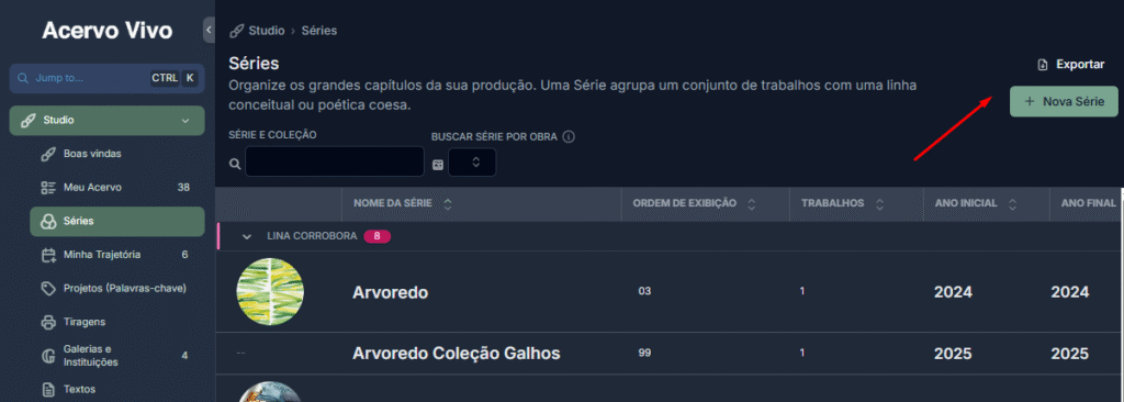 Tela principal da gestão de séries no Acervo Vivo Studio, mostrando lista de séries de arte
