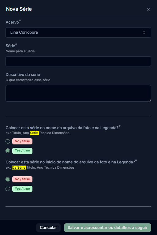 Formulário de criação de nova série no Acervo Vivo para artistas, aba Ficha da Série