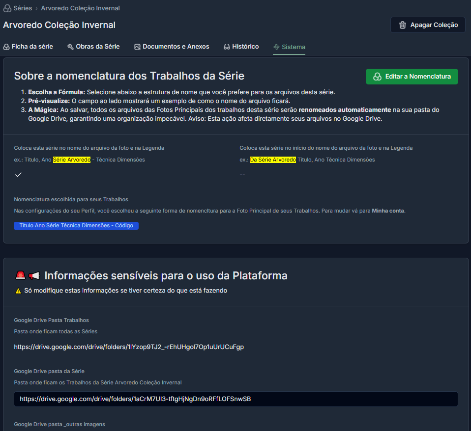 Aba "Sistema" com configurações de nomenclatura.