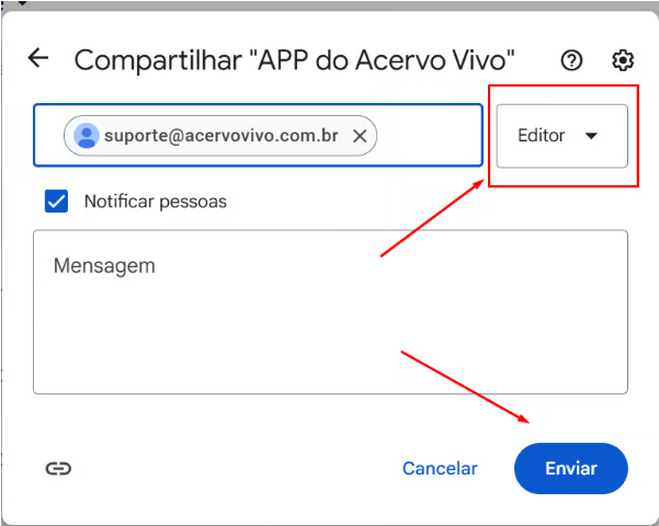Imagem mostrando o e-mail suporte@acervovivo.com.br preenchido e talvez a sugestão de contato abaixo