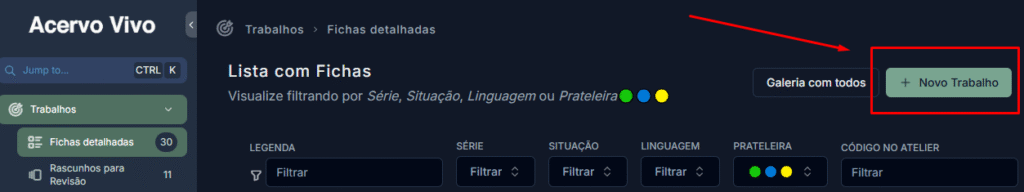 Imagem mostrando o botão + Novo Trabalho no menu Detalhes
