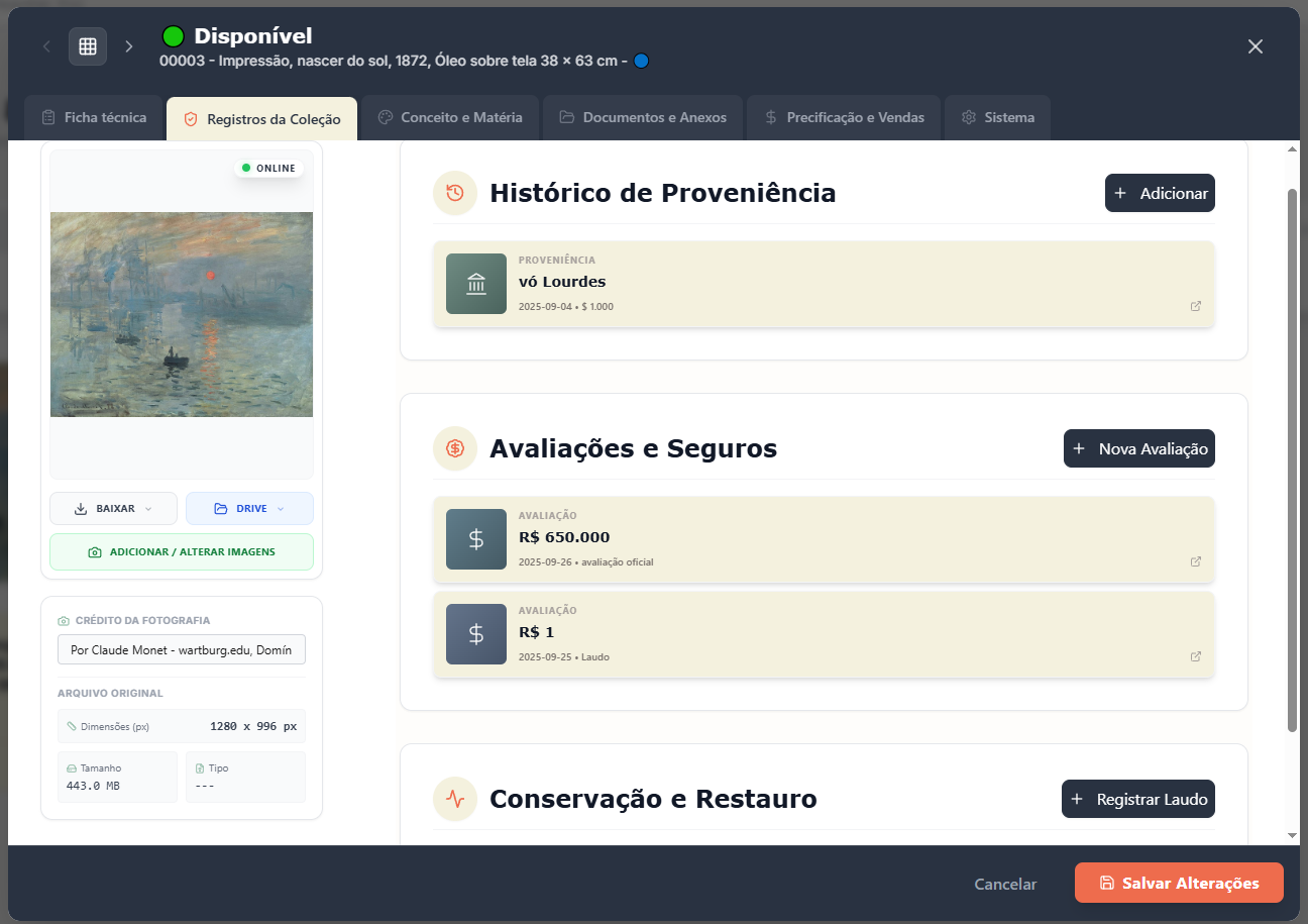 Interface do Acervo Vivo Guardian exibindo o histórico de avaliações e a proveniência de uma obra de arte para gestão patrimonial.
