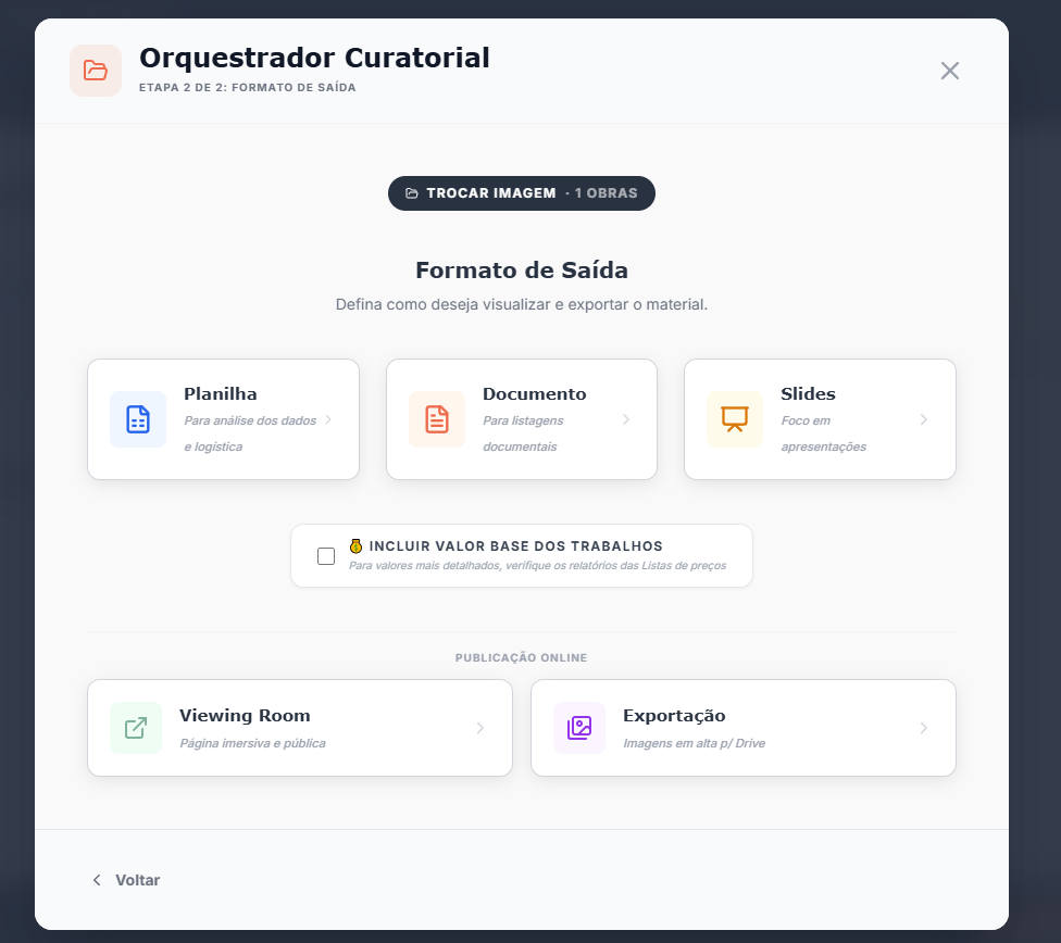 Tabela comparativa do Acervo Vivo mostrando a diferença visual entre planilhas de exportação rápida, portfólios institucionais em PDF e catálogos comerciais com lista de preços.