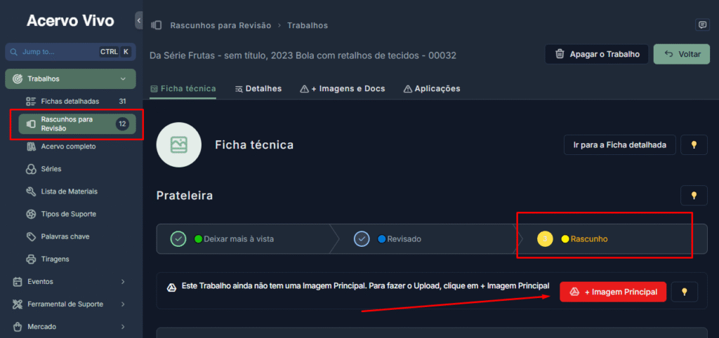 Imagem da Ficha Técnica mostrando a área/botão + Imagem Principal