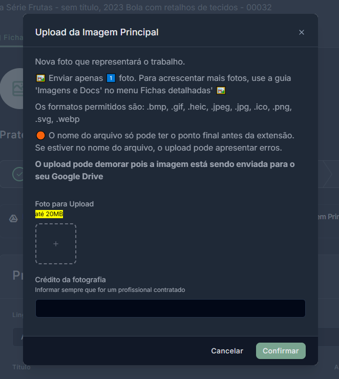 Imagem da tela/janela de upload de imagem, destacando o botão + ou Selecionar Arquivo