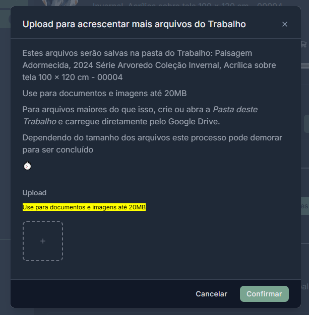Tela de upload do Acervo Vivo, destacando o botão de seleção de arquivo