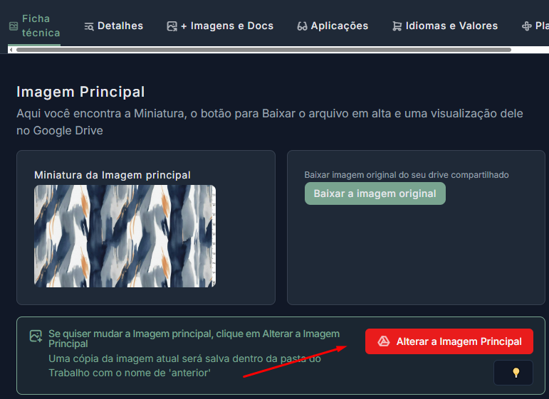 Imagem da Ficha Técnica mostrando o botõ Alterar a Imagem Principal