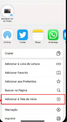Role essa janelinha para baixo até encontrar a opção "Adicionar à Tela de Início".