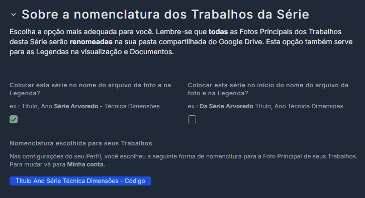 Configurações de nomenclatura da imagem principal por série na tela de edição de Série do Acervo Vivo.
