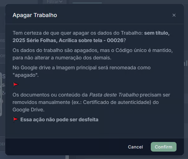 Imagem da tela de aviso/confirmação de "Apagar o Trabalho"