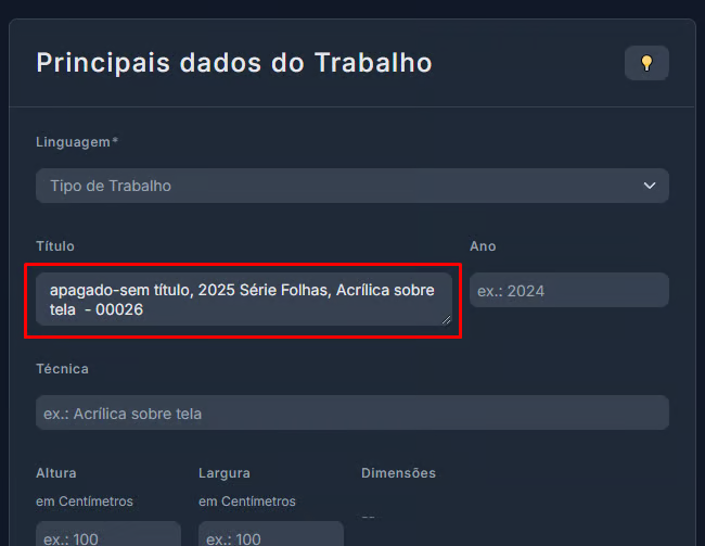 Imagem mostrando um exemplo da Ficha Técnica "apagada" com os dados básicos consolidados no campo Título