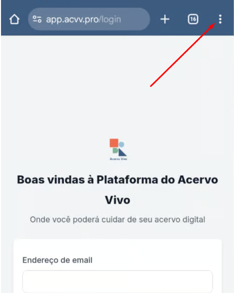 Procure o menu do Chrome. Geralmente são três bolinhas empilhadas na vertical (⋮), no canto superior direito da tela.