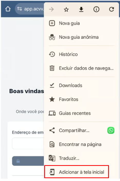 Procure pela opção "Instalar aplicativo" ou "Adicionar à tela inicial". Às vezes, ela tem um ícone de um celular com uma setinha.