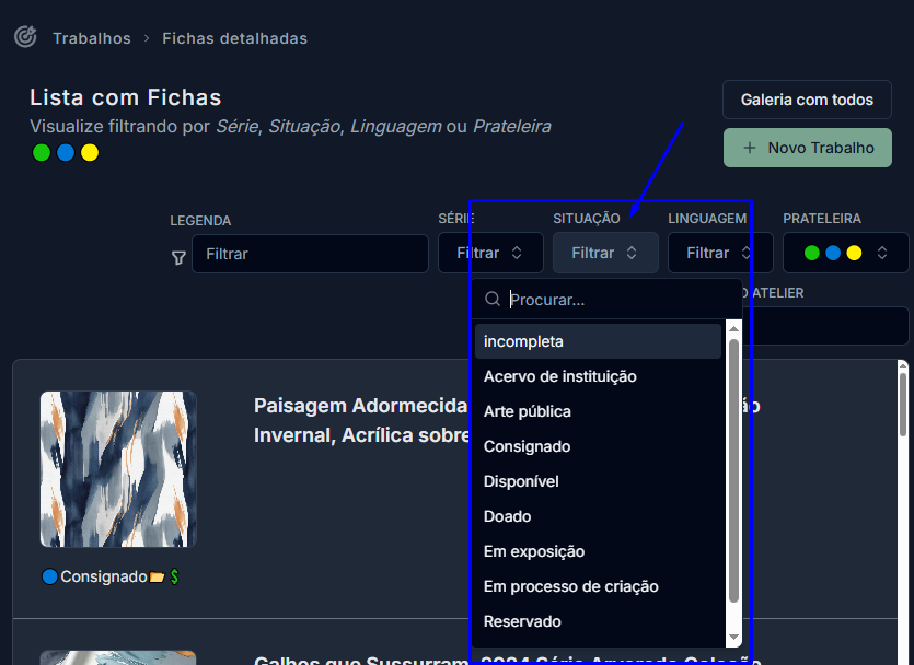 Imagem mostrando a opção de filtro por "Situação" na tela de Acervo/Fichas Detalhadas