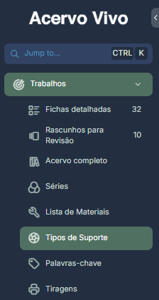 Imagem do Menu Trabalhos destacando a Página "Tipos de Suporte"