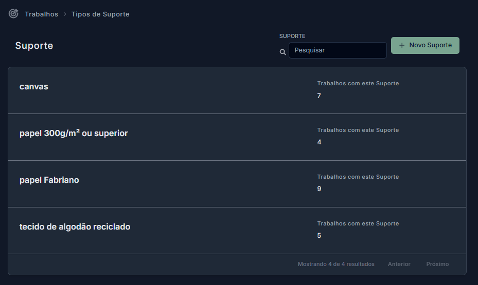 "Página 'Tipos de Suporte' na Plataforma do Acervo Vivo exibindo lista de suportes cadastrados.