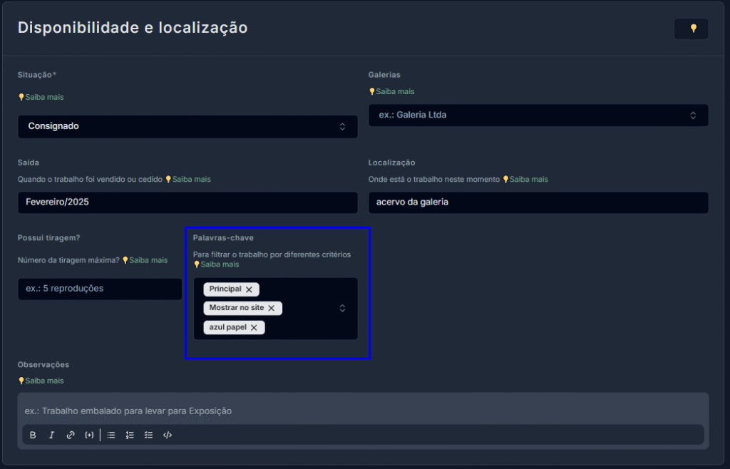 (Imagem mostrando o campo "Palavras-have" na Ficha Técnica
