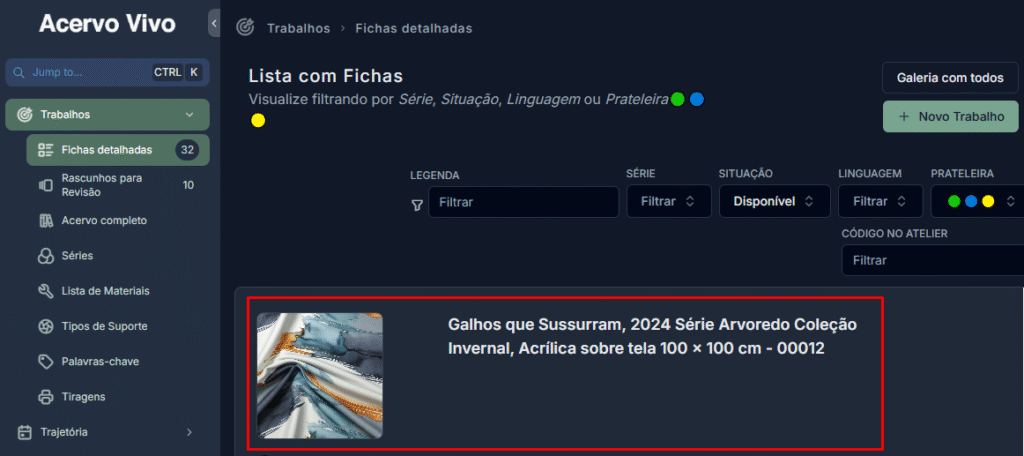Imagem: Tela do Acervo Completo com um Trabalho sendo selecionado