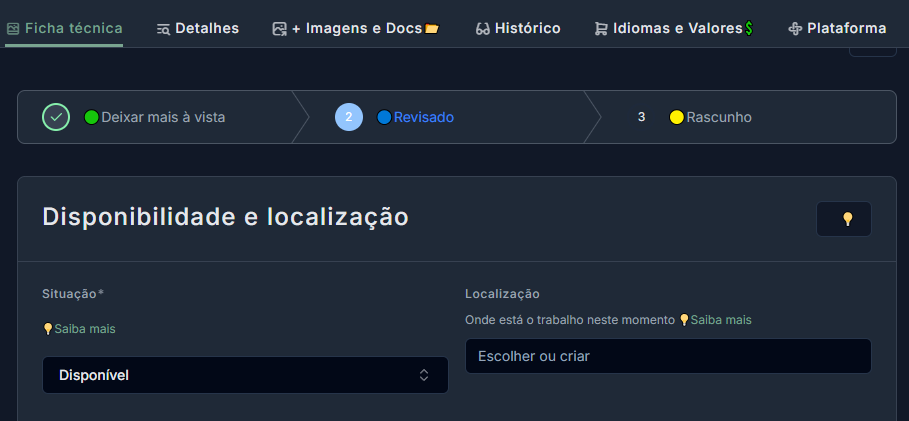 Imagem: Seção "Disponibilidade e Localização" na Aba Ficha Técnica, com o botão de edição, se aplicável, e os campos "Situação" e "Localização" visíveis
